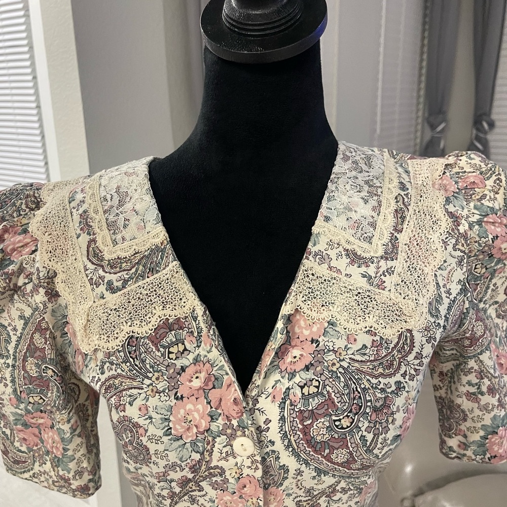 Vintage renaissance cottagecore romantic prairie 70s 80s floral tea dress Xs/S - Picture 3 of 9